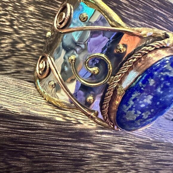 Artisan 2-Inch Wide Lapis Lazuli Cuff Bracelet, Adjustable‎ Mixed Metals, Gift R - Picture 12 of 13
